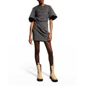 Ganni Pinstripe Ruched Mini Dress Charcoal Grey Wide Sleeve Size 38/6 NEW